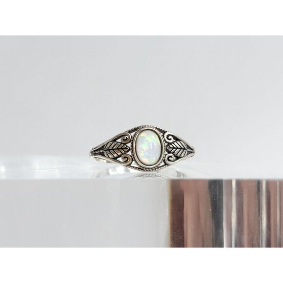 Fire Opal Foliage Southwest Sterling Silver Vintage Solitaire Ring - sz 8.75 - Picture 2 of 10